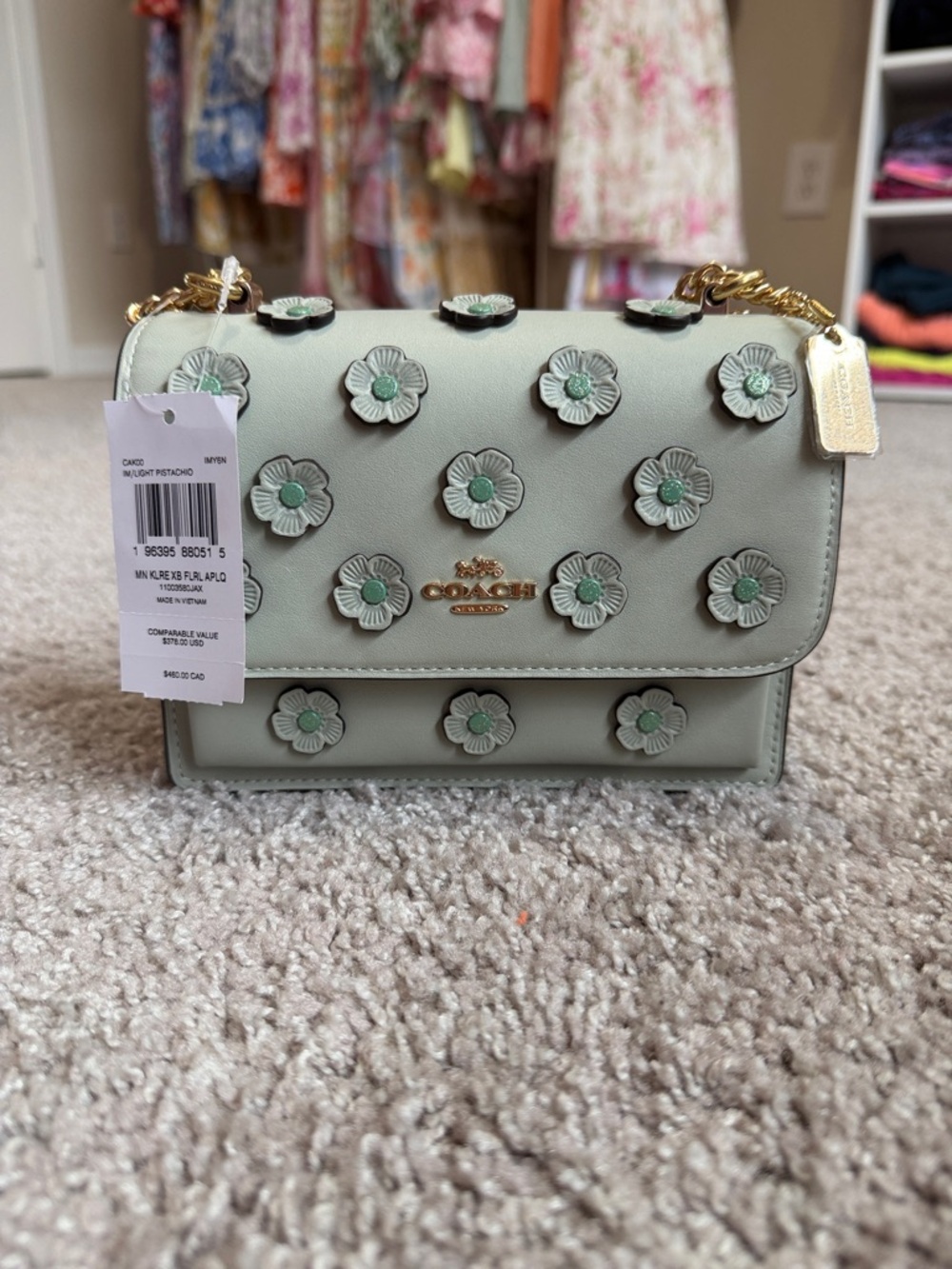 Coach Pistachio Floral Appliqué Leather Crossbody with Gold Hardware